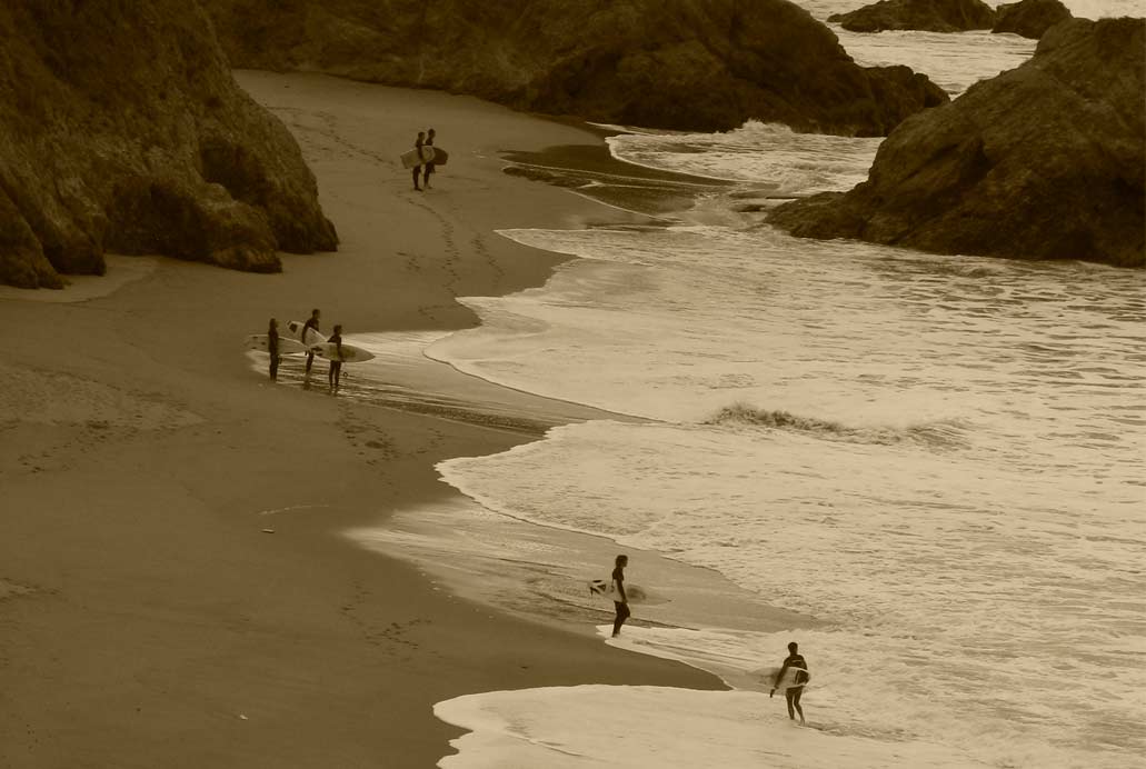 Sunset beach and surfers facing the waves. Photography.